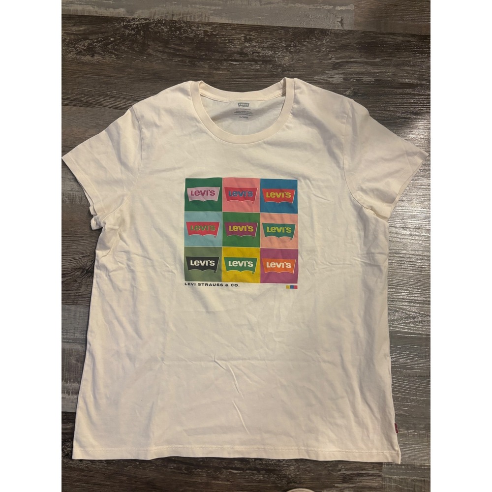 Levis Mens XL Graphic T-Shirt Cream Off White Colorful Batwing Logo Pop Art Tee